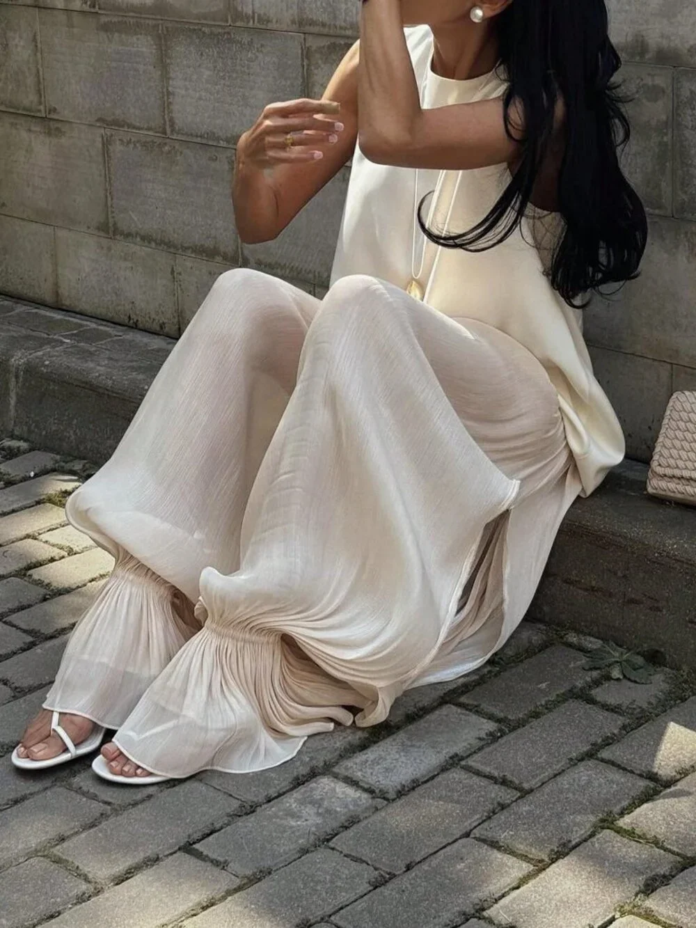 Beige Elegant Women's Balloon Long Pants with Bubble Pleated Wide Leg Harem